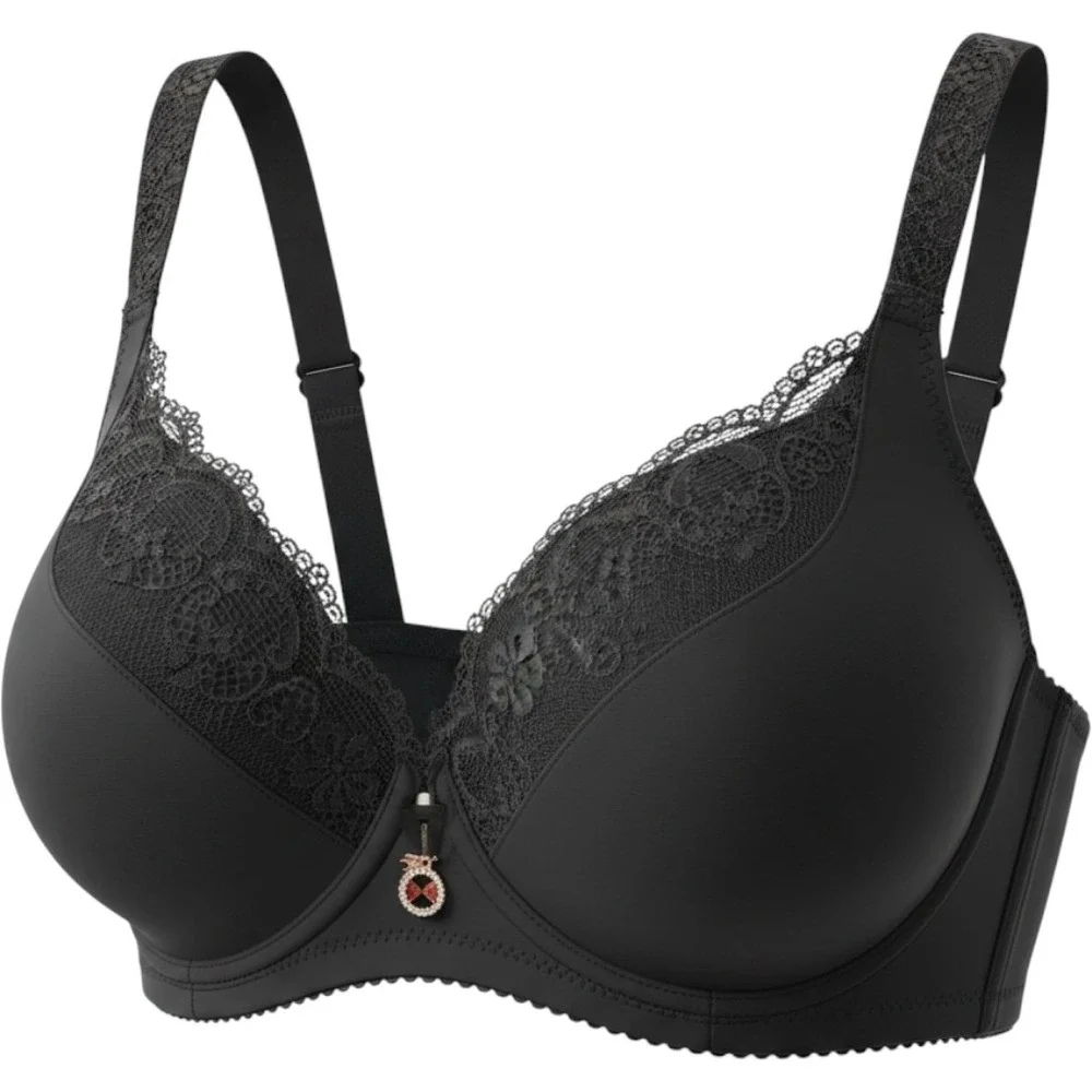 Womens Black Lace Trim Full Coverage Bra with Heart Charm Size 36/80